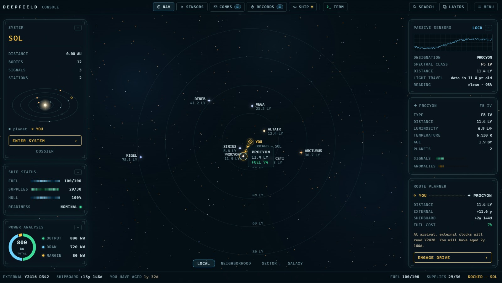 Deepfield: star map with route planning, sensors and ship status.